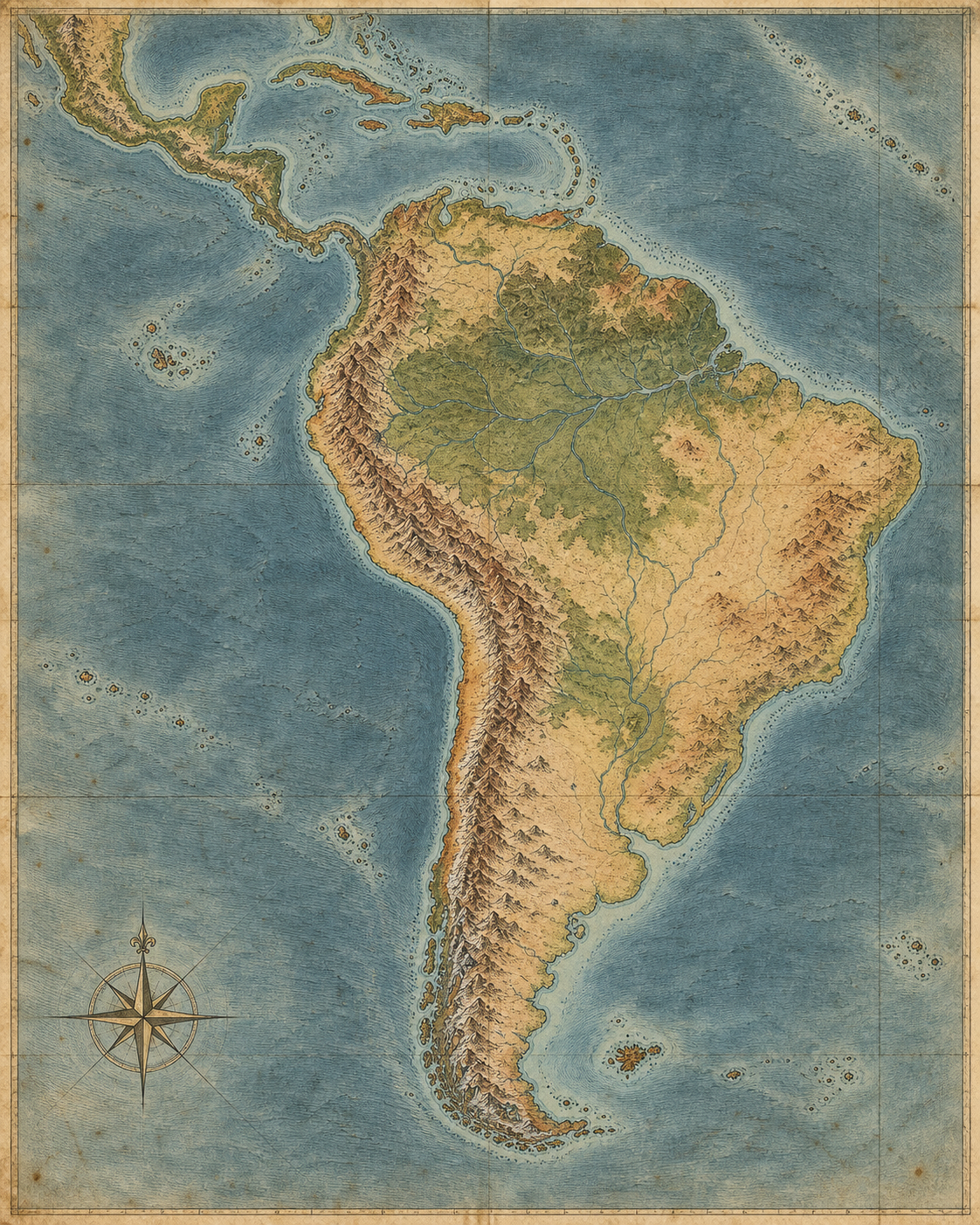 An illustrated antique map of South America, Mexico and Cuba